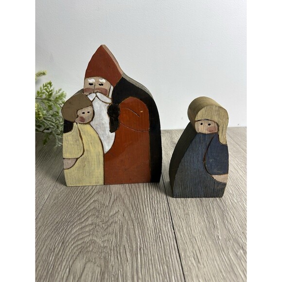 Vintage Handcrafted Wood Santa Claus & Child Figurine Folk Art Primitive 2 Pc - Picture 2 of 9